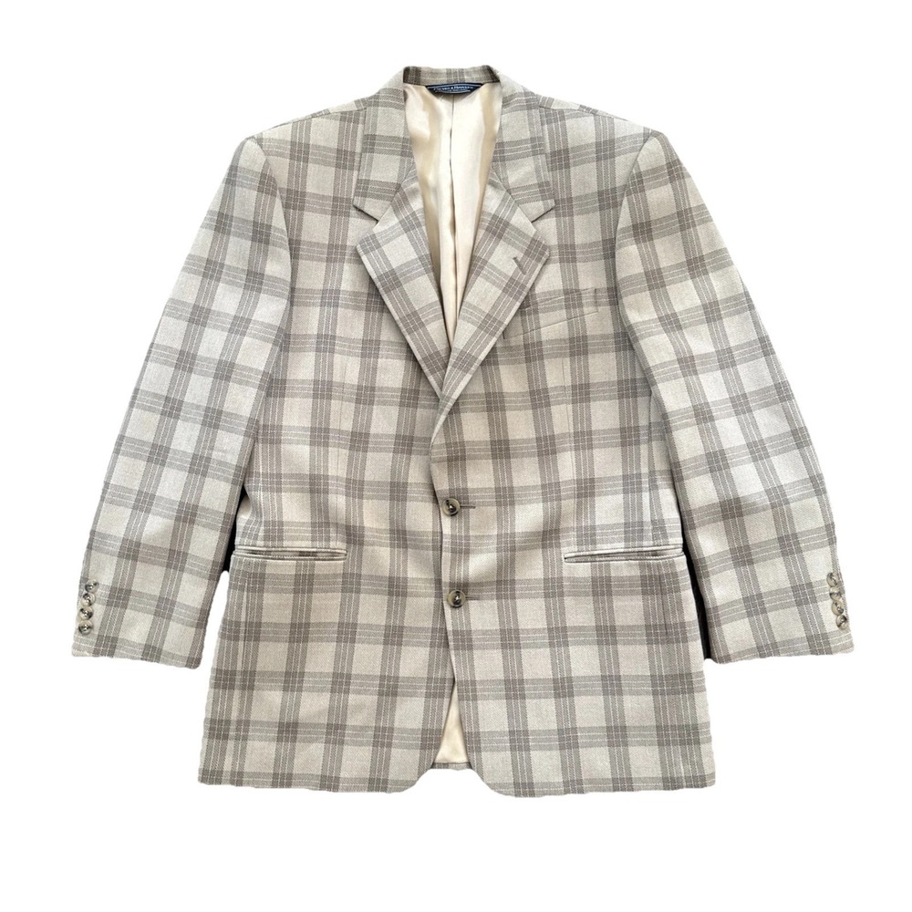 Gieves & Hawkes Sport Coat Men 40R Lambswool Glen Plaid Tan Blazer Made in USA